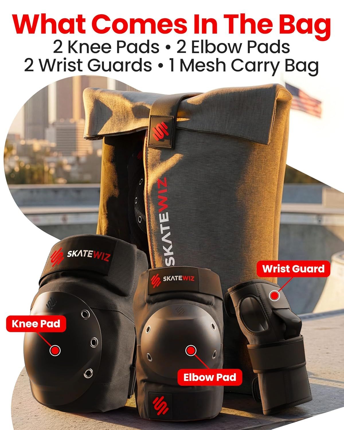 SHIELD set contents: knee pads, elbow pads, wrist guards and mesh carry bag