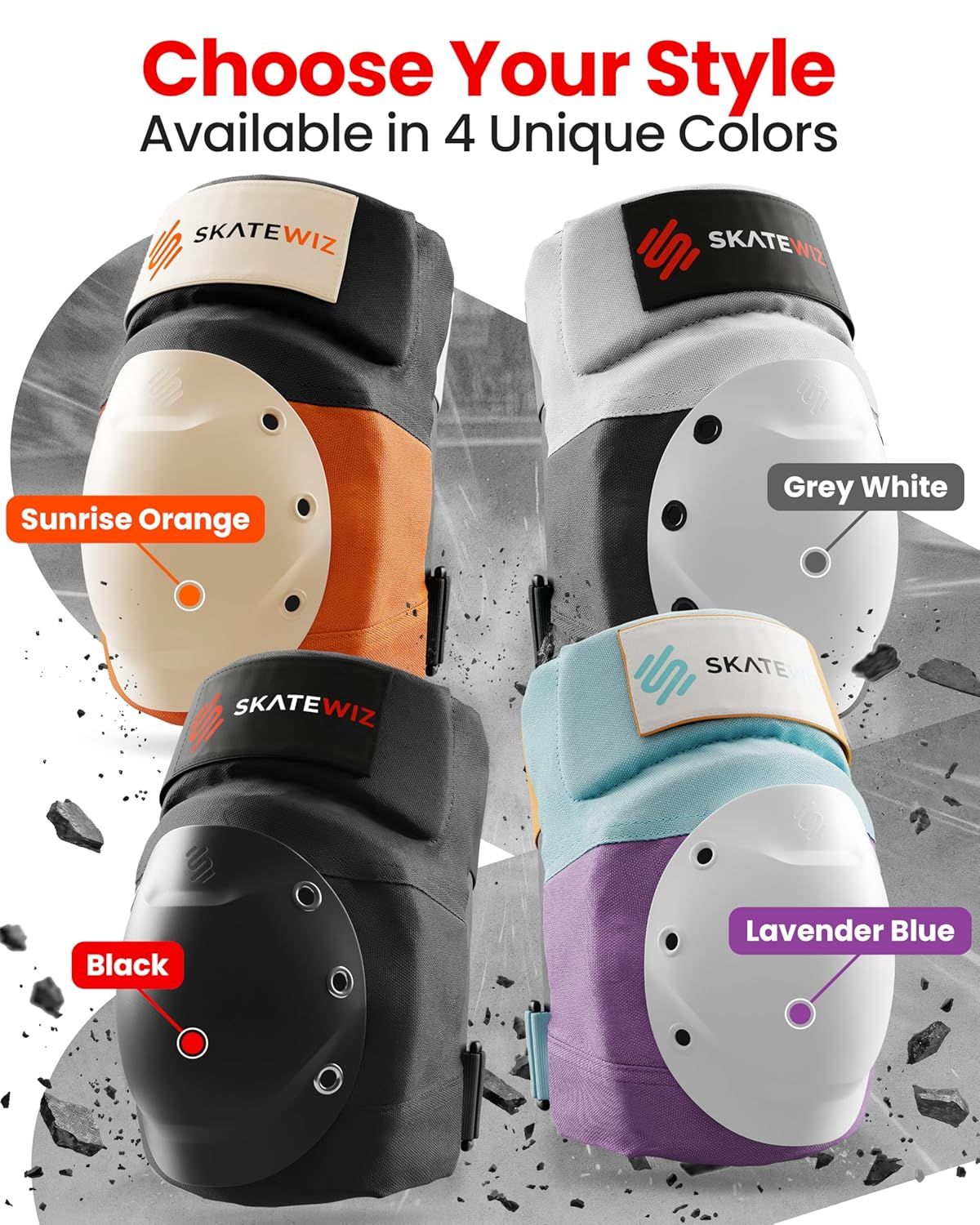 SHIELD pad set in four colors: black, grey white, sunrise orange and lavender blue