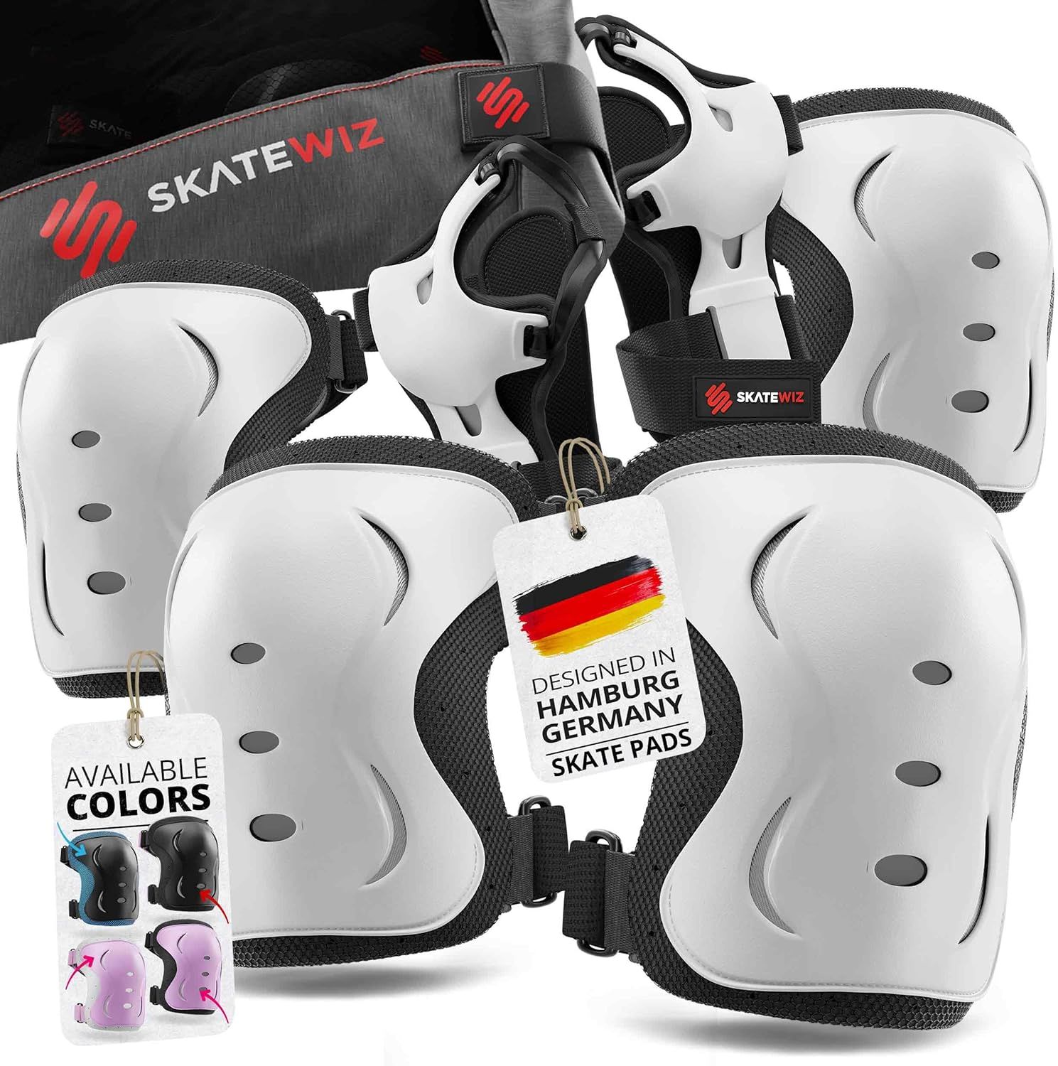 SKATEWIZ IMPACT slim white knee pads, elbow pads and wrist guards