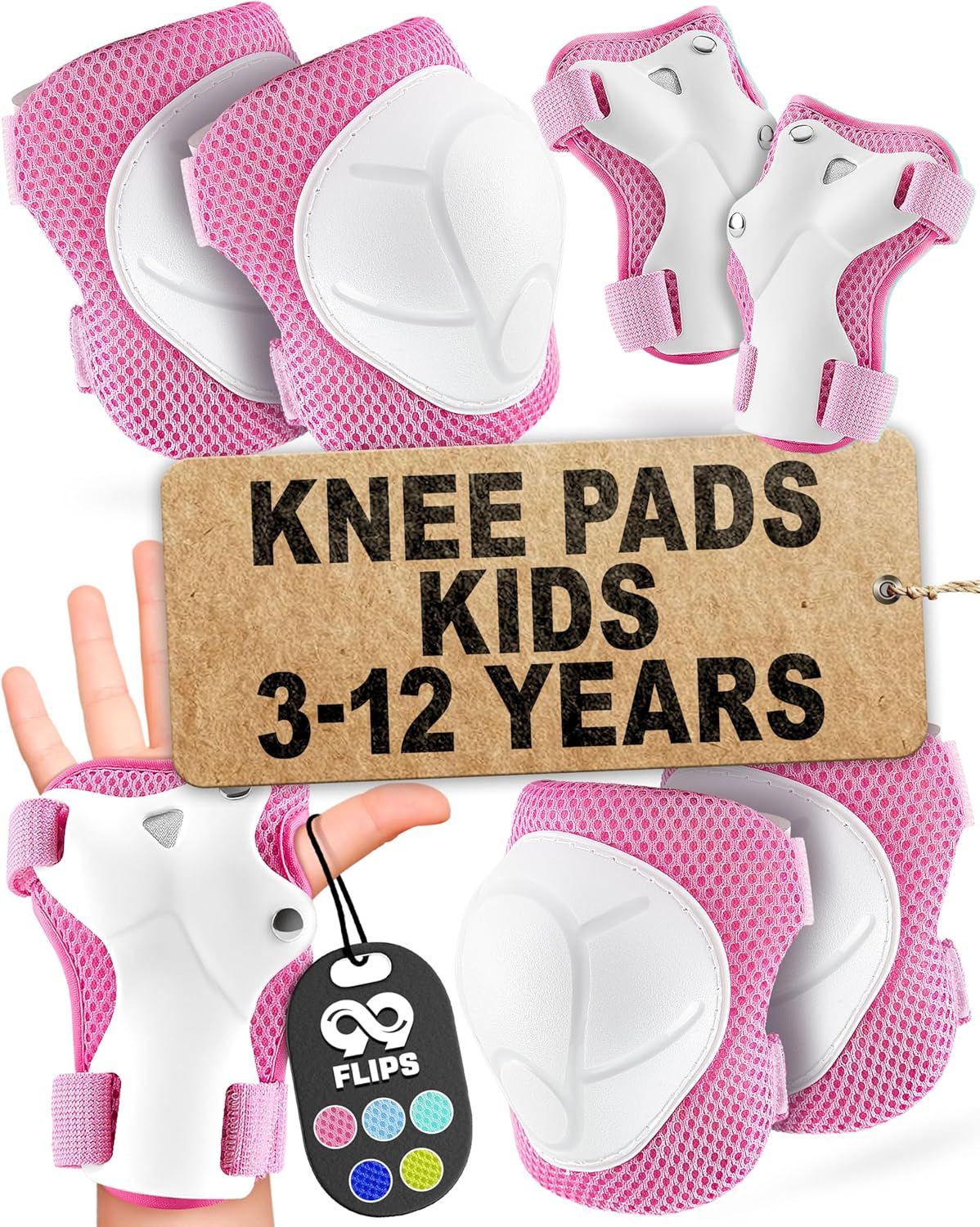 Pink 99FLIPS FLASH kids pad set for ages 3 to 12 with knee pads, elbow pads and wrist guards