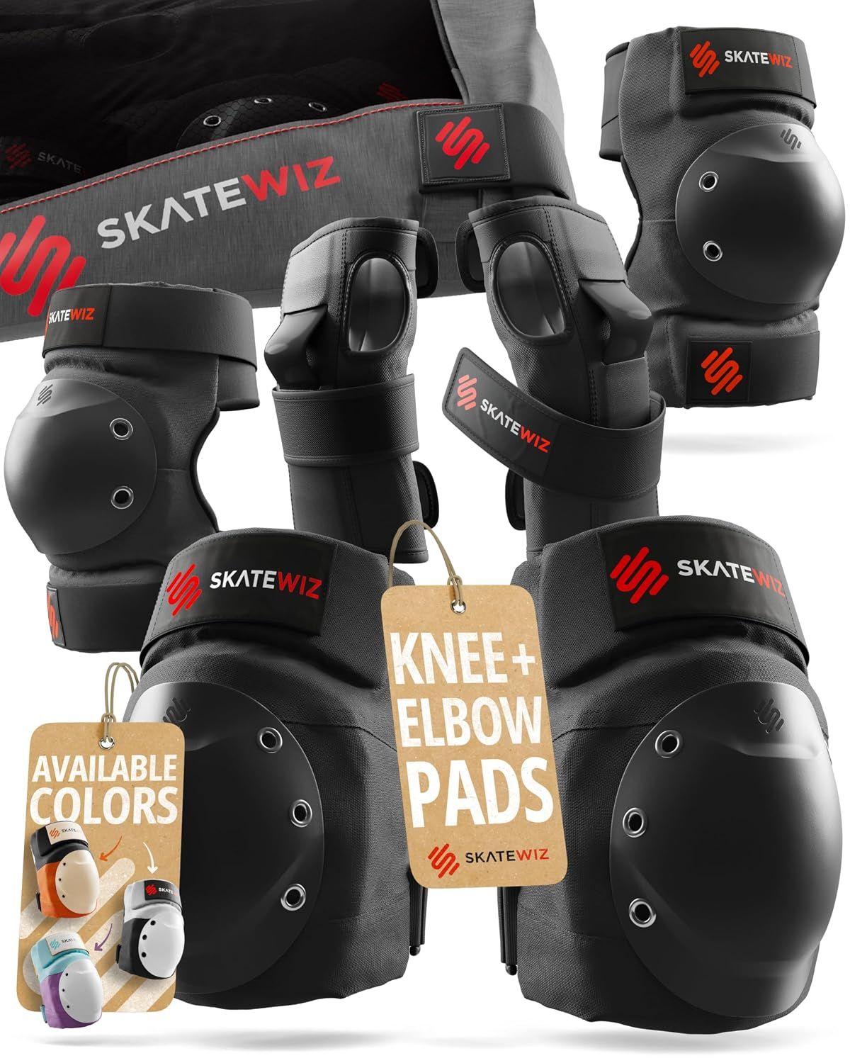 SKATEWIZ SHIELD black heavy-duty knee pads, elbow pads and wrist guards with carry bag