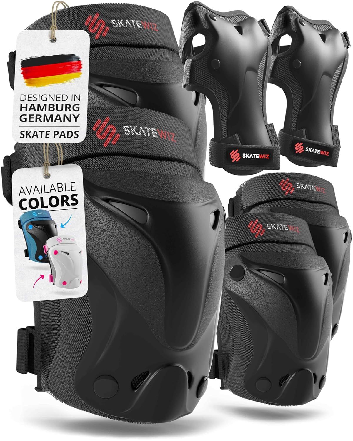 SKATEWIZ PROTECT-1 black lightweight knee pads, elbow pads and wrist guards