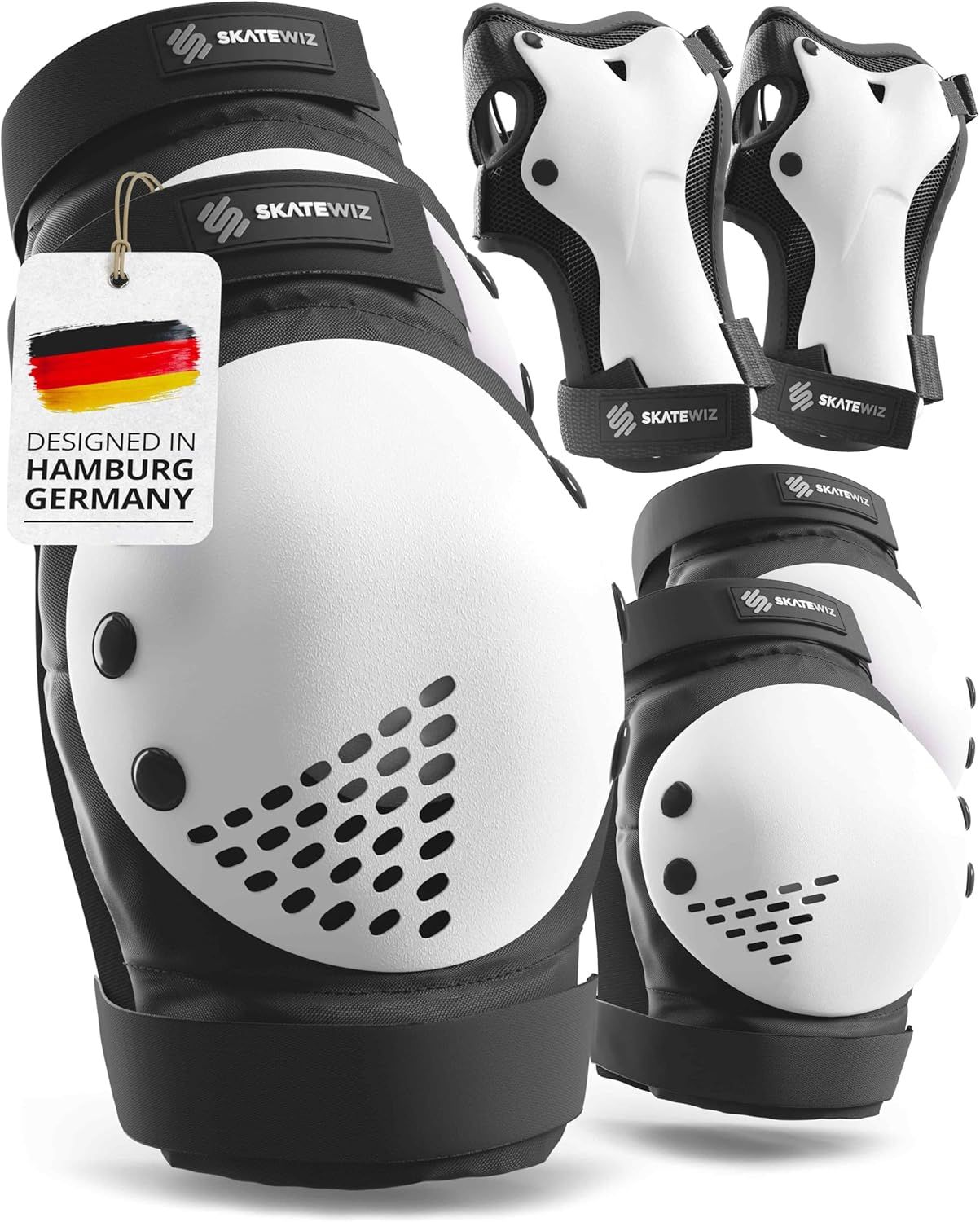 SKATEWIZ SMASH black and white 6-piece pad set with knee pads, elbow pads and wrist guards