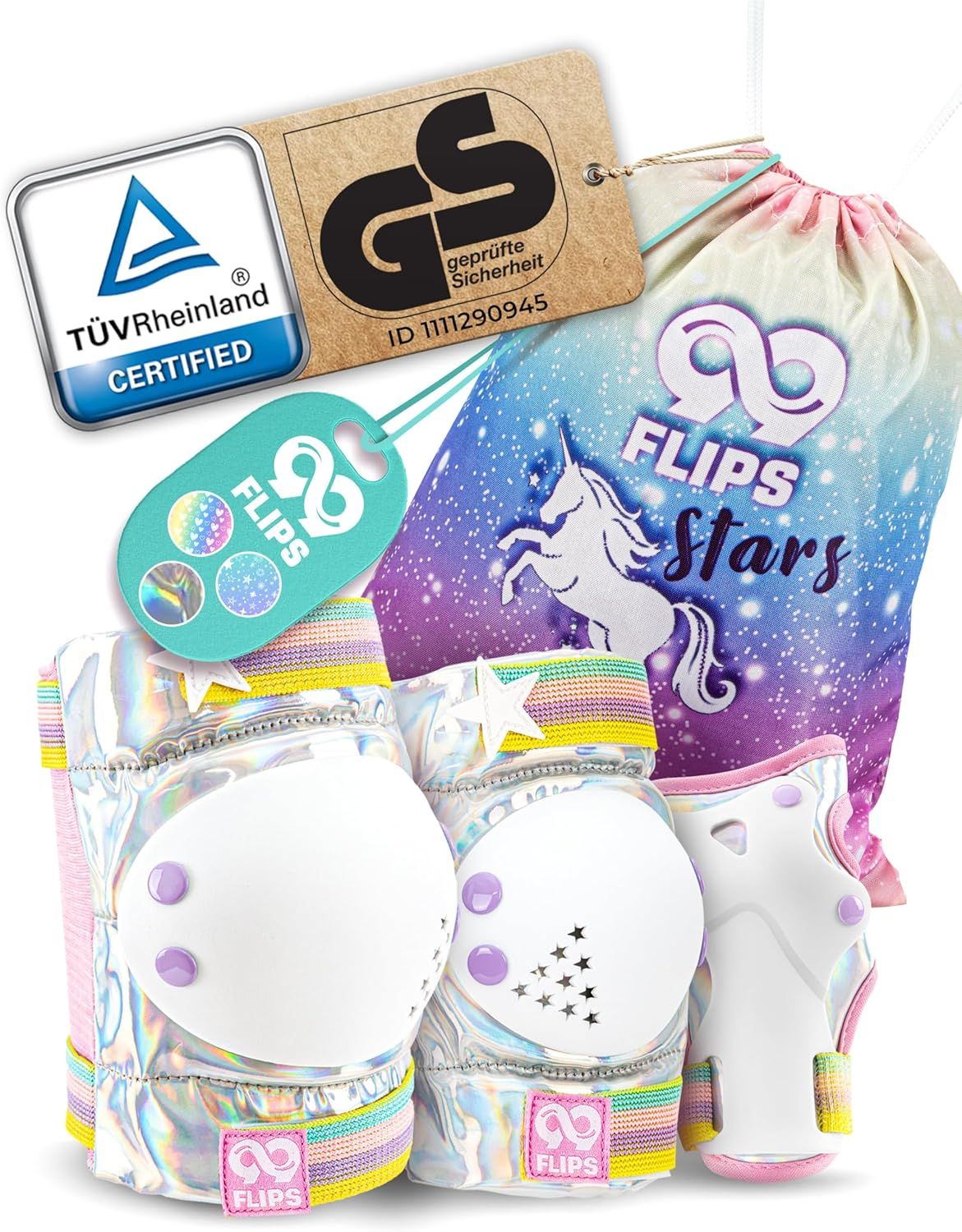 99FLIPS STARS unicorn pad set with knee pads, elbow pads, wrist guards and unicorn drawstring bag