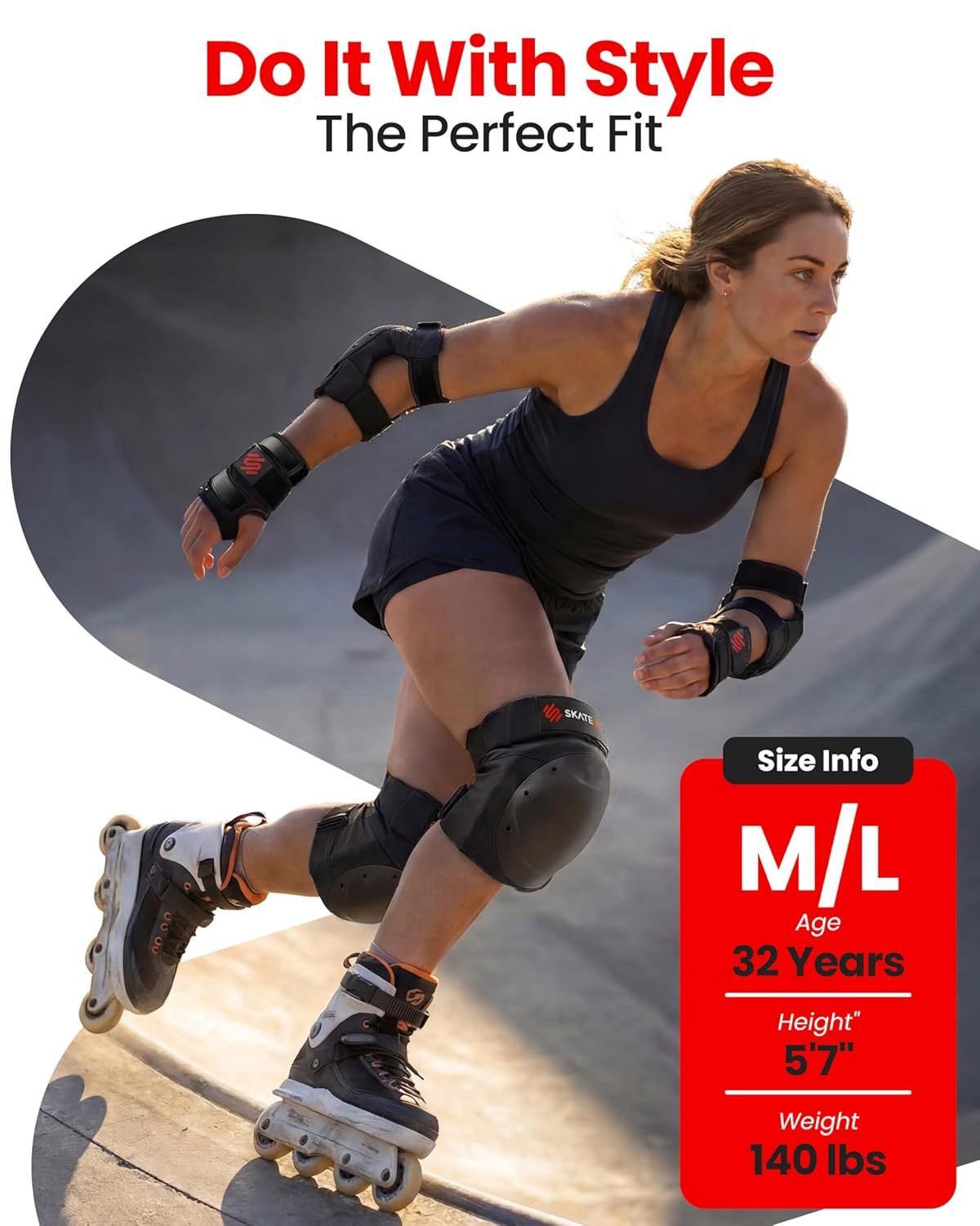 Inline skater riding at speed in the SKATEWIZ SHIELD pad set